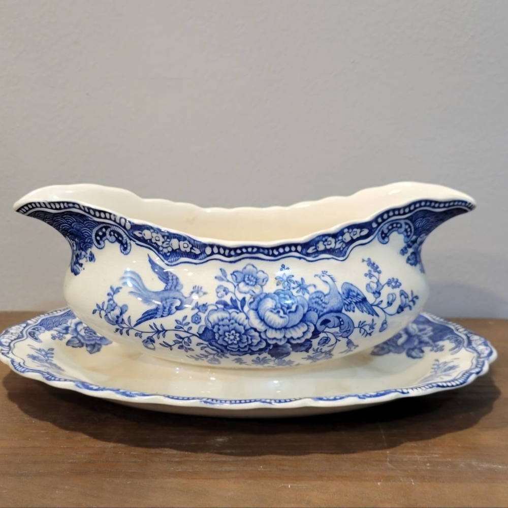 Crown Ducal Bristol Blue  Gravy Boat with Attached Plate